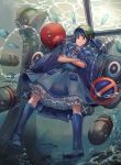  1girl absurdres air_bubble akainoda blue_hair blue_legwear blue_skirt boxing_gloves bubble crossed_arms danmaku dress drill fish green_hat hair_bobbles hair_ornament hat highres kawashiro_nitori key looking_at_viewer pocket skirt smile solo torpedo touhou two_side_up underwater urban_legend_in_limbo 