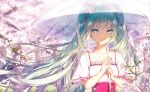  1girl alternate_costume aqua_hair bangs blue_eyes blush casual cherry_blossoms closed_mouth collarbone commentary_request corset day floating_hair flower frilled_sleeves frills hair_ribbon hatsune_miku holding holding_umbrella kinokohime long_hair looking_at_viewer outdoors petals pink_flower pink_lips pink_ribbon ribbon shiny shiny_hair shirt short_sleeves smile solo sunlight transparent transparent_umbrella tree twintails umbrella upper_body very_long_hair vocaloid white_shirt wind 