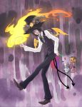  bad_id black_hair blue_eyes boots candy devil fiery_wings fire flames food_themed_clothes halloween hat highres horns jack-o'-lantern jack-o-lantern male pumpkin tail top_hat two_tails vest wings 