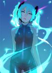  aqua_hair blue_eyes bodysuit electricity enami_katsumi glow glowing hatsune_miku headphones headset latex lips lipstick neon_lights panties skin_tight spandex twintails underwear vocaloid 