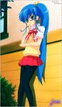  blue_eyes blue_hair glasses long_hair nanatsuiro_drops pantyhose ponytail school_uniform very_long_hair yuuki_nona 