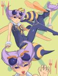  antenna antennae bee_girl monster_girl pantyhose purple_hair purple_pantyhose q-bee spread_legs striped tarayama vampire_(game) vampire_savior wings yuki_taru 