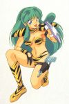  80&#039;s bikini blue_eyes eyeshadow gloves green_hair gun horns long_hair lum nakajima_atsuko oldschool simple_background swimsuit tiger_print tigerprint urusei_yatsura weapon 