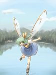  bow daiyousei dress flying green_eyes green_hair hair_ribbon hair_ribbons kakkou lake open_mouth outstretched_arms ponytail reflection ribbon ribbons ripples short_hair side_ponytail smile socks spread_arms standing_on_one_leg touhou water wings 