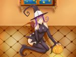  1024x768 boots detached_sleeves hat lam pumpkin purple_hair soul_eater thigh-highs thigh_boots thighhighs wink witch_hat yellow_eyes 