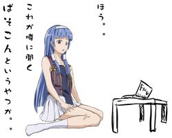  blue_hair blunt_bangs computer flat_chest hair_tubes hairband kannagi laptop long_hair nagi open_mouth oumi_(rsag) purple_eyes ryomo sitting skirt socks solo table translated very_long_hair vest 