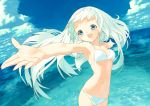  bikini emino green_eyes long_hair open_mouth outstretched_arms sky spread_arms swimsuit water white_hair 