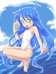  barefoot blue_hair green_eyes izumi_konata long_hair lucky_star mole swimsuit water white_swimsuit 