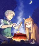  brown_hair campfire cloak cooking craft_lawrence holo horse ladle long_hair moon night pot red_eyes sitting spice_and_wolf star stars tanigawa_hiroshi tree vest wolf_ears 