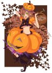  basket boots bow brown_hair candies candy checkerboard_cookie cookie curly_hair food food_as_clothes food_themed_clothes green_eyes halloween jack-o'-lantern jack-o-lantern osamu_(jagabata) pumpkin smile 