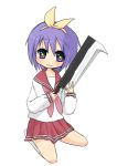  billhook blue_eyes higurashi_no_naku_koro_ni hiiragi_tsukasa lucky_star orange_coffee parody purple_hair ribbon ribbons school_uniform serafuku short_hair yandere 