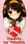  1girl 2008 blush brown_eyes brown_hair chocolate coat hairband heart looking_at_viewer macro pink_background ribbon sad scarf short_hair solo suzumiya_haruhi suzumiya_haruhi_no_yuuutsu valentine 