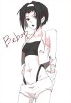  bare_shoulders black_hair cowboy_bebop faye_valentine hairband hakushoku halftone midriff monochrome red short_hair tubetop vest 