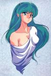  80&#039;s blue_eyes breasts eyeshadow green_hair horns long_hair lum nakajima_atsuko off_shoulder oldschool simple_background solo urusei_yatsura 