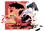  black_hair dog_ears eating feathers food geta hat hungry inubashiri_momiji red_eyes shameimaru_aya skirt tears tengu-geta touhou usoneko wings wolf_ears 