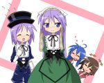  aokage blue_eyes blue_hair brown_hair closed_eyes cosplay dress fang hat hiiragi_kagami hiiragi_tsukasa izumi_konata kusakabe_misao laugh laughing long_hair lucky_star purple_hair rozen_maiden school_uniform serafuku short_hair souseiseki souseiseki_(cosplay) suiseiseki suiseiseki_(cosplay) 