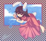  barefoot bunny_ears bunny_tail checkered dress inaba_tewi instrument instruments lying musical_note musical_notes noorrzz pink_dress rabbit_ears red_eyes tail touhou triangle triangle_(instrument) wink 
