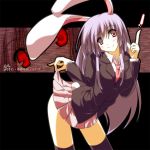  bad_id bunny_ears bunny_tail business_suit eyes formal long_hair necktie pointing purple_hair rabbit_ears red_eyes reisen_udongein_inaba sakurame skirt skirt_lift skirt_suit smile socks solo suit tail thigh-highs thighhighs touhou zettai_ryouiki zoom_layer 