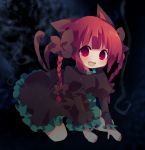  :d ana_(artist) ana_(rznuscrf) animal_ears bow braid cat_ears cat_tail dark dress fang hair_bow hair_ribbon hitodama kaenbyou_rin multiple_tails open_mouth payot red_eyes red_hair redhead ribbon smile tail touhou twin_braids twintails 