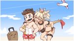  aea arm_on_shoulder bikini blonde_hair blue_eyes bowsette bracelet breasts brown_hair clouds collar facial_hair hat highres horns jewelry large_breasts luggage map mario super_mario_bros. mustache nintendo pointing polka_dot polka_dot_shorts red_eyes sharp_teeth shirtless shorts sky smile spiked_armlet spiked_bracelet spiked_collar spiked_shell spiked_tail spiked_thighlet spikes super_crown super_mario_bros. super_mario_sunshine swimsuit tail teeth 