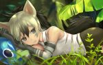  1girl aardwolf_(kemono_friends) aardwolf_ears aardwolf_tail animal_ears bare_shoulders black_hair black_shorts cerulean_(kemono_friends) collared_shirt commentary_request dappled_sunlight day elbow_gloves extra_ears eyebrows_visible_through_hair gloves gradient_hair grey_eyes grey_hair hair_between_eyes hands_up head_rest kemono_friends light_smile long_hair looking_at_viewer lying multicolored_hair necktie on_side one-eyed outdoors parted_lips ponytail shirt shorts sleeveless sleeveless_shirt solo_focus sunlight tail tamamushi two-tone_hair upper_body wing_collar 