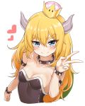  1girl absurdres alternate_breast_size bare_shoulders blonde_hair blue_eyes bowsette bracelet breasts cleavage collar collarbone crown eyebrows_visible_through_hair genderswap genderswap_(mtf) hair_between_eyes hair_down half-closed_eyes heart highres horn jewelry long_hair looking_at_viewer super_mario_bros. new_super_mario_bros._u_deluxe nintendo shell sideboob simple_background sleeveless small_breasts smile solo spiked_armlet spiked_bracelet spiked_collar spikes strapless sunhyun super_crown super_mario_bros. thick_eyebrows upper_body v very_long_hair white_background 