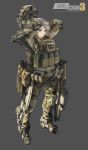  1girl absurdres arms_up blue_eyes camouflage elbow_pads exoskeleton full_body gloves gun headwear_removed helmet helmet_removed highres load_bearing_vest magazine_(weapon) military original pouch short_hair silver_hair simple_background solo tantu_(tc1995) weapon weapon_request 