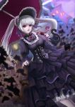  1girl absurdres bangs black_dress blunt_bangs blurry blurry_background bonnet breasts character_request dated dress dungeon_and_fighter frills highres jeong_siot lolita_fashion long_hair looking_at_viewer medium_breasts over_shoulder parasol red red_eyes twintails umbrella white_hair wide_sleeves 