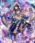  1girl armlet artist_request bare_shoulders barefoot beads brown_hair chains cygames looking_at_viewer medium_hair official_art prophetess_of_creation shadowverse shin_guards smile stone_tablet veil violet_eyes water 