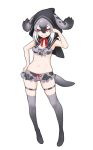  1girl animal_ears bare_arms capelet character_request full_body gradient_hair grey_hair grey_legwear grin hair_between_eyes hand_on_hip hood hooded_capelet ise_(0425) kemono_friends multicolored_hair navel red_eyes simple_background smile solo standing stomach tail thigh-highs thigh_strap v-shaped_eyebrows white_background white_hair 