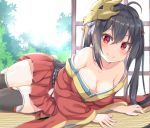  1girl ahoge azur_lane bangs bare_shoulders black_hair black_legwear blush breasts cleavage closed_mouth collarbone commentary_request day fingernails hair_between_eyes hair_ribbon indoors japanese_clothes keiran_(ryo170) kimono large_breasts long_hair long_sleeves looking_at_viewer lying mask mask_on_head miniskirt obi off_shoulder on_side pleated_skirt red_eyes red_kimono red_skirt revision ribbon sash skirt smile solo sunlight taihou_(azur_lane) thigh-highs thighs twintails very_long_hair wide_sleeves 