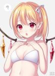  1girl :o ? bangs bare_arms bare_shoulders blonde_hair blush bra breasts cleavage collarbone commentary_request crystal dated eyebrows_visible_through_hair flandre_scarlet grey_background hair_between_eyes hair_ribbon hands_on_own_chest hands_up highres looking_at_viewer medium_breasts nail_polish navel no_hat no_headwear one_side_up open_mouth pointy_ears red_eyes red_nails ribbon shiny shiny_skin short_hair simple_background skindentation solo spoken_question_mark stomach touhou underwear upper_body white_bra white_ribbon wings yamayu 