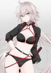  1girl ahoge belt bikini black_bikini black_choker black_gloves breasts choker closed_mouth commentary_request contrapposto cowboy_shot eyebrows_visible_through_hair fate/grand_order fate_(series) gloves grey_background hand_on_hip ica jeanne_d&#039;arc_(alter_swimsuit_berserker) jeanne_d&#039;arc_(fate)_(all) katana light_blush light_smile long_hair long_sleeves looking_at_viewer medium_breasts navel o-ring pale_skin silver_hair simple_background solo standing swimsuit sword twitter_username very_long_hair weapon yellow_eyes 