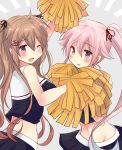  2girls ;d adapted_costume arm_up black_skirt brown_eyes cheerleader eyebrows_visible_through_hair hair_between_eyes hair_ornament hair_ribbon hairclip harusame_(kantai_collection) hirune_(konekonelkk) kantai_collection light_brown_hair long_hair looking_at_viewer midriff multiple_girls murasame_(kantai_collection) navel one_eye_closed open_mouth pink_eyes pink_hair pom_pom_(clothes) remodel_(kantai_collection) ribbon side_ponytail skirt smile two_side_up 