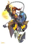  1girl :d armor ball_and_chain boots breastplate brigitte_(overwatch) brown_eyes brown_gloves brown_hair clenched_hand commentary_request floating_hair freckles full_body gauntlets gloves highres holding holding_shield holding_weapon kotatsu_(g-rough) looking_at_viewer open_mouth overwatch ponytail shield signature simple_background smile solo waist_cape weapon white_background 