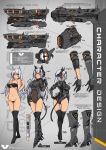  1girl animal_ears armored_boots armored_leotard bangs black_legwear boots bra cat_ears cat_tail character_sheet commentary detail english_commentary gauntlets headgear high_heels highres homeworld homeworld_2 horns huge_weapon long_hair mecha_musume mechanical_ears mechanical_parts multiple_views orange_eyes personification red_eyes solo space_craft tail thigh-highs underwear very_long_hair weapon white_hair xandier59 