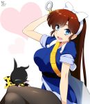  1girl 2018 artist_name bandolier blue_eyes bow closed_eyes commentary_request dated dress eyebrows_visible_through_hair hair_bow hand_up heart highres kuonji_ukyou legs_crossed long_hair mattari_yufi open_mouth pantyhose pig ranma_1/2 redhead sheath sheathed sitting sleeves_rolled_up smile white_background 