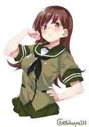  1girl black_neckwear brown_eyes brown_hair ebifurya green_sailor_collar green_serafuku green_skirt hand_on_hip highres kantai_collection long_hair looking_at_viewer neckerchief ooi_(kantai_collection) pleated_skirt sailor_collar school_uniform serafuku simple_background skirt solo twitter_username white_background 