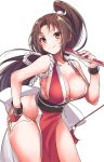  1girl breasts brown_eyes cleavage closed_fan closed_mouth collarbone eyebrows_visible_through_hair fan fatal_fury folding_fan hand_on_hip highres japanese_clothes konnyaku_(kk-monmon) large_breasts long_hair looking_at_viewer ninja pelvic_curtain ponytail revealing_clothes shiranui_mai simple_background smile solo standing the_king_of_fighters white_background 