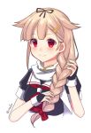  black_ribbon black_serafuku blonde_hair braid fingerless_gloves gloves gradient_hair hair_flaps hair_ornament hair_ribbon hairclip ittokyu kantai_collection long_hair multicolored_hair neckerchief red_eyes red_neckwear remodel_(kantai_collection) ribbon scarf school_uniform serafuku single_braid twitter_username white_scarf yuudachi_(kantai_collection) 