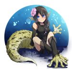  1girl bare_shoulders black_hair blue_eyes blush borrowed_character braid detached_sleeves flower full_body hair_between_eyes hair_flower hair_ornament head_fins large_tail legs_crossed lizard_girl long_hair looking_at_viewer monster_girl nanostar original paws sitting smile solo tail transparent_background tunic v-shaped_eyebrows 