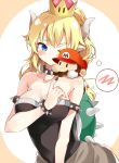  1boy 1girl artist_name bare_shoulders black_nails blonde_hair blue_eyes blush bowsette bracelet breasts chibi collar collarbone commentary_request crown dress fingernails horns jewelry large_breasts long_hair mario super_mario_bros. myuton nail_polish new_super_mario_bros._u_deluxe nintendo one_eye_closed pointy_ears ponytail sharp_fingernails spiked_armlet spiked_bracelet spiked_collar spiked_shell spikes spoken_blush strapless strapless_dress super_crown thought_bubble turtle_shell 