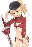  1girl :d arm_up artoria_pendragon_(all) ass_visible_through_thighs bangs baseball_cap bikini black_hat black_ribbon braid breasts clarent commentary_request cosplay cowboy_shot dan_(kumadan) dated eyebrows_visible_through_hair fate/grand_order fate_(series) french_braid front-tie_bikini front-tie_top green_eyes hand_on_headwear hand_on_own_thigh hat head_tilt long_hair long_sleeves looking_at_viewer mordred_(fate) mordred_(fate)_(all) mysterious_heroine_xx_(foreigner) mysterious_heroine_xx_(foreigner)_(cosplay) navel open_mouth parted_bangs red_bikini ribbon shrug_(clothing) side-tie_bikini sidelocks simple_background small_breasts smile solo sparkle stomach swimsuit sword teeth thighs under_boob weapon white_background wristband zipper zipper_pull_tab 