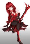  1girl bare_shoulders belt bracelet breasts cleavage crimson_avenger_(elsword) elesis_(elsword) elsword head_tilt highres jewelry long_hair redhead simple_background sitting slit_pupils string sword vkdlfl777 weapon 