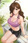  1girl ahoge bare_shoulders bench boyshorts breasts brown_eyes brown_hair cleavage earrings from_above hair_over_one_eye highres jewelry kono_subarashii_sekai_ni_shukufuku_wo! large_breasts long_hair looking_at_viewer midriff navel outdoors parted_lips sendrawz shiny shiny_skin short_shorts shorts smile solo sports_bra sunlight sweat watch watch wiz_(konosuba) 