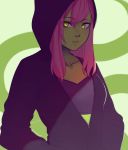  1girl alisa_(razalor) black_hoodie collarbone eyebrows_visible_through_hair eyes_visible_through_hair green_eyes green_skin hair_between_eyes hands_in_pockets highres hood hood_up hoodie long_hair looking_at_viewer multicolored multicolored_eyes original partially_unzipped pink_hair razalor red_eyes shadow solo sports_bra twitter_username upper_body 