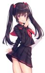  1girl :p ass bangs black_hair black_serafuku black_shirt black_skirt blush bow closed_mouth commentary_request eyebrows_visible_through_hair hair_between_eyes hair_bow hand_up kawami_nami long_hair long_sleeves looking_at_viewer neckerchief original pleated_skirt red_bow red_eyes red_neckwear school_uniform serafuku shirt sidelocks skirt smile solo tongue tongue_out twintails very_long_hair white_background 