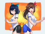  2girls ass blue_bow blue_eyes blue_hair blush bow breasts brown_hair closed_mouth eyebrows_visible_through_hair glasses gym_shirt gym_shorts hair_bow hair_ornament iwahana long_hair looking_at_another medium_breasts multiple_girls open_mouth shirt short_hair short_ponytail shorts smile star star_hair_ornament tokino_sora tokino_sora_channel yuujin_a_(tokino_sora_channel) 