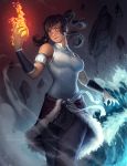  1girl armband artist_name avatar_(series) bare_shoulders blue_eyes brown_hair dark_skin fire from_below hair_tubes highres korra pants short_hair solo the_legend_of_korra water watermark web_address zarory 