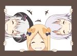  +++ 3girls ^_^ abigail_williams_(fate/grand_order) bangs beret black_bow black_hat blonde_hair blush bow closed_eyes closed_eyes commentary_request eyebrows_visible_through_hair facial_scar facing_viewer fate/extra fate/grand_order fate_(series) forehead grin hair_between_eyes hair_bow hat highres jack_the_ripper_(fate/apocrypha) long_hair mitchi multiple_girls nursery_rhyme_(fate/extra) orange_bow parted_bangs purple_bow scar scar_across_eye scar_on_cheek silver_hair smile striped striped_bow white_background 